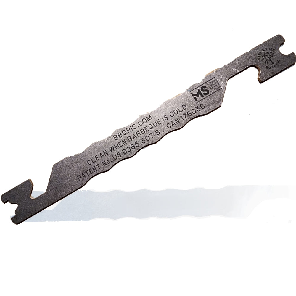 cover photo image of the BBQ Pic which is a 304-grade stainless steel BBQ grill scraper invented to replace the dangerous BBQ brushes. It has an interesting and innovative design, it's around 9 inches long, 1 inch wide and 1/8th of an inch thick. It has two hook em horn notches near the top left and bottom right and on the top it has a round notch to clean round grill grates and the bottom of it has a square notch to clean square grill grates.