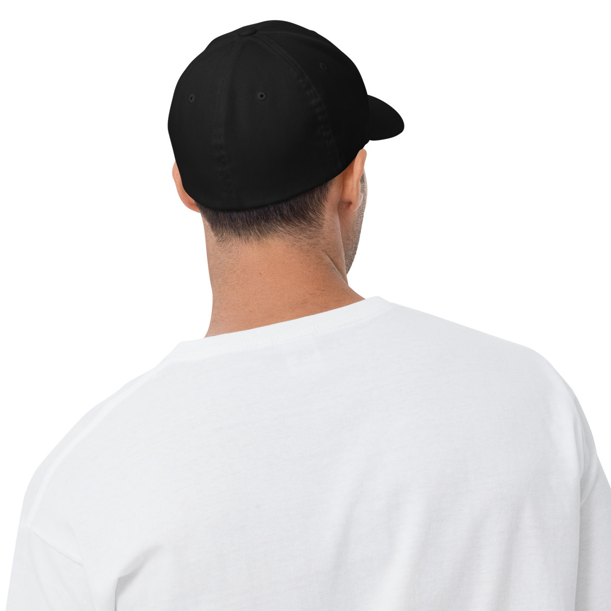 Back of man wearing black BBQ Pic hat.