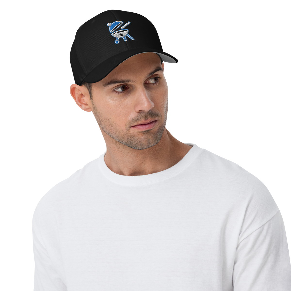 Man wearing black BBQ Pic hat. Black baseball cap with the BBQ Pic logo on it which is a round, open BBQ with a BBQ Pic about to clean it.