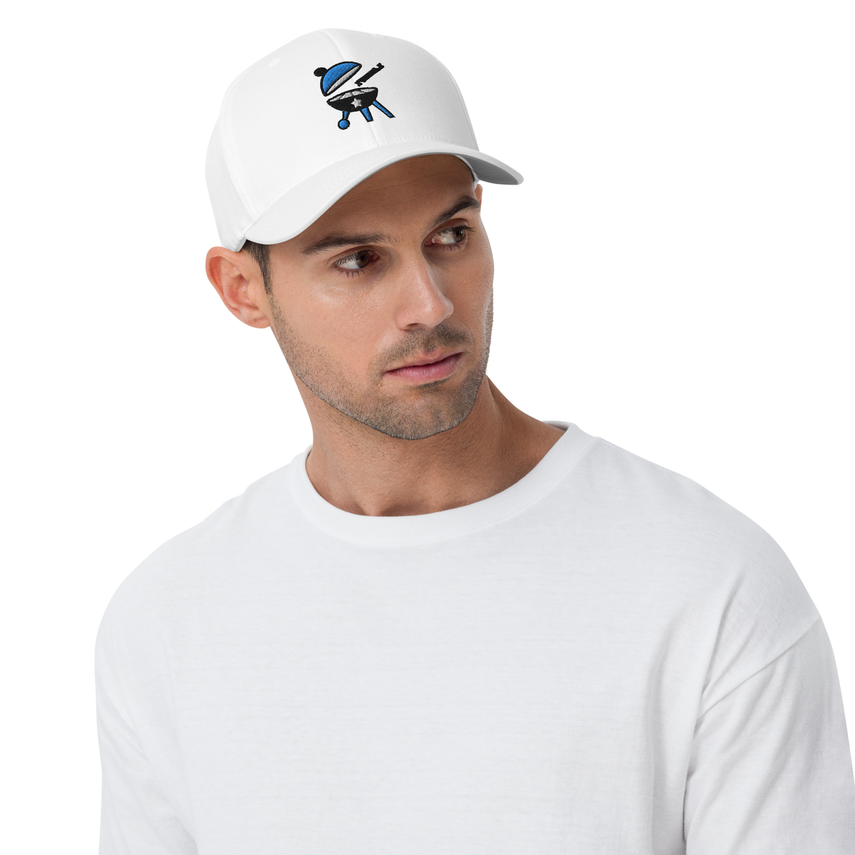 Man wearing white BBQ Pic hat. White baseball cap with the BBQ Pic logo on it which is a round, open BBQ with a BBQ Pic about to clean it.