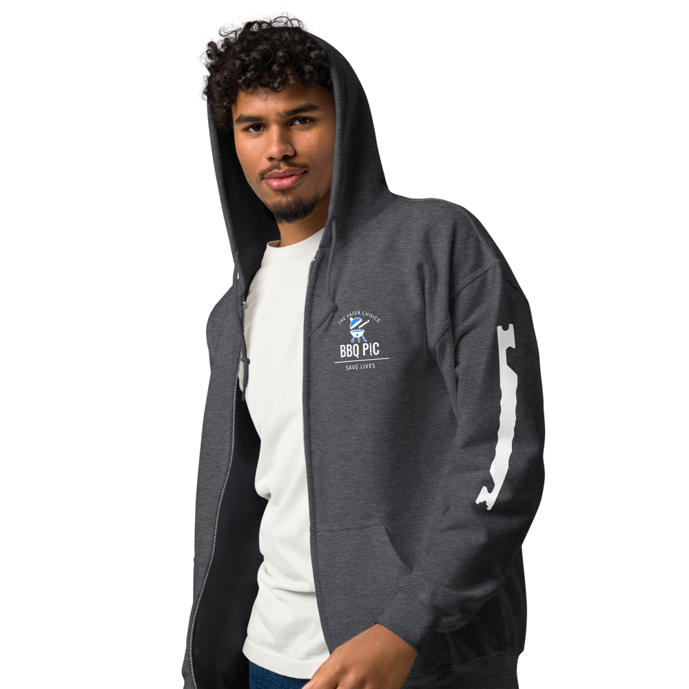 front of Model wearing heather grey BBQ Pic Hoodie