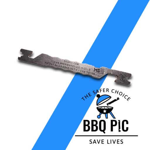 cover photo image of the BBQ Pic which is a 304-grade stainless steel BBQ grill scraper invented to replace the dangerous BBQ brushes. It has an interesting and innovative design, it's around 9 inches long, 1 inch wide and 1/8th of an inch thick. It has two hook em horn notches near the top left and bottom right and on the top it has a round notch to clean round grill grates and the bottom of it has a square notch to clean square grill grates.