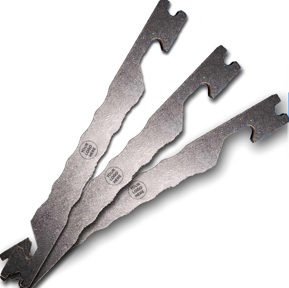 Image with three BBQ Pics to show this page is the Wholesale White label page. The BBQ Pic which is a 304-grade stainless steel BBQ grill scraper invented to replace the dangerous BBQ brushes. It has an interesting and innovative design, it's around 9 inches long, 1 inch wide and 1/8th of an inch thick. It has two hook em horn notches near the top left and bottom right and on the top it has a round notch to clean round grill grates and the bottom of it has a square notch to clean square grill grates