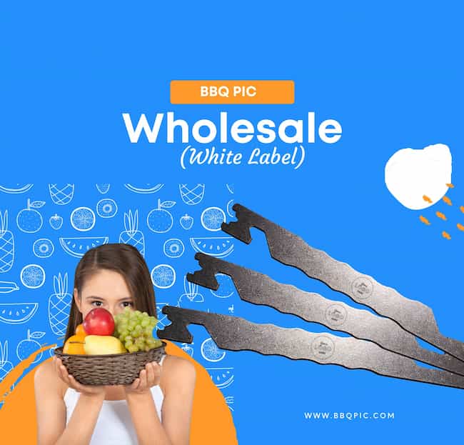 Image with three BBQ Pics to show this page is the Wholesale White label page. The BBQ Pic which is a 304-grade stainless steel BBQ grill scraper invented to replace the dangerous BBQ brushes. It has an interesting and innovative design, it's around 9 inches long, 1 inch wide and 1/8th of an inch thick. It has two hook em horn notches near the top left and bottom right and on the top it has a round notch to clean round grill grates and the bottom of it has a square notch to clean square grill grates